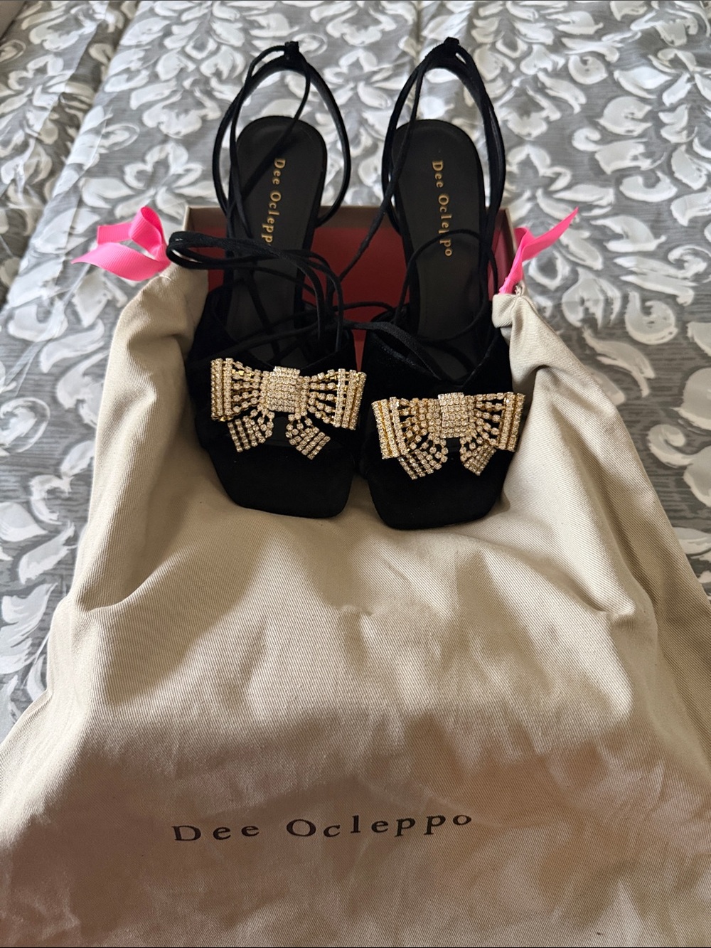 Dee Ocleppo Black Crush Velvet Crystal Bow Strappy Heels-Leather sole